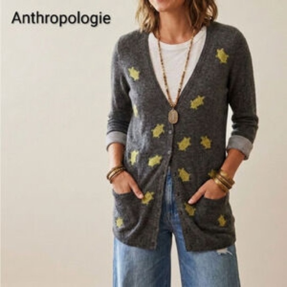 Anthropologie Field Flower Charcoal Turtle Sweater | 3/4 Sleeve Animal Knit Gray